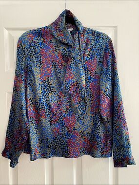 100% Silk Multi-Color Tie-Neck Blouse Size 8